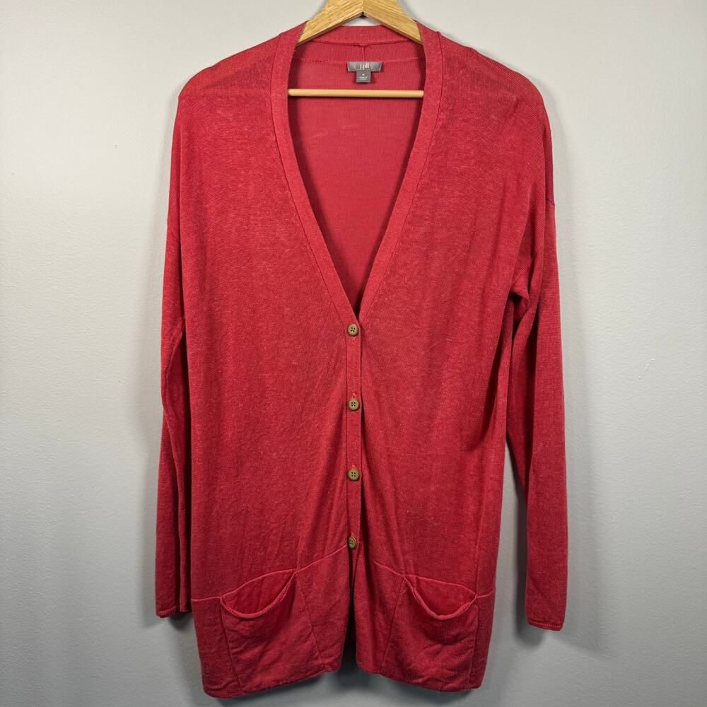 J Jill Coral Pink Button Down Longline Cardigan Medium Linen Blend V-Neck